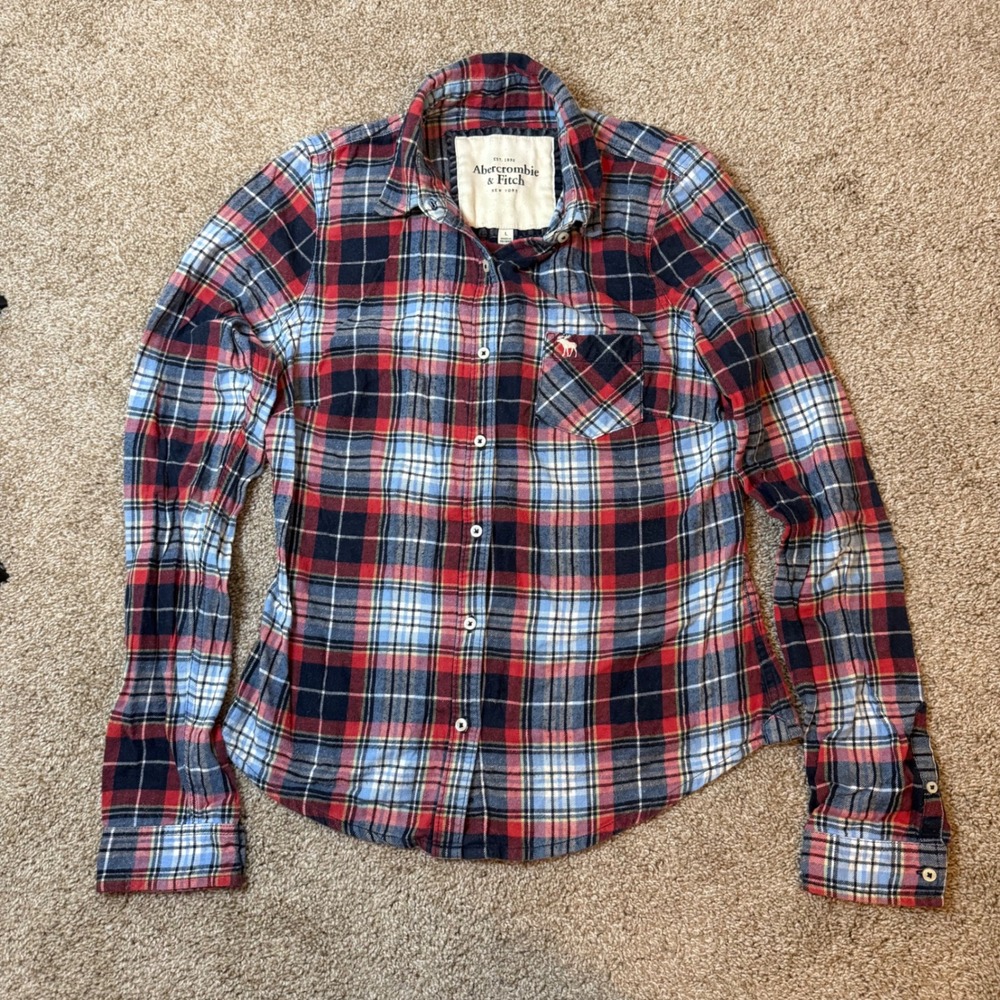 Abercrombie & Fitch Flannel Shirt Women L Red Blue Plaid Long Sleeve Moose Logo